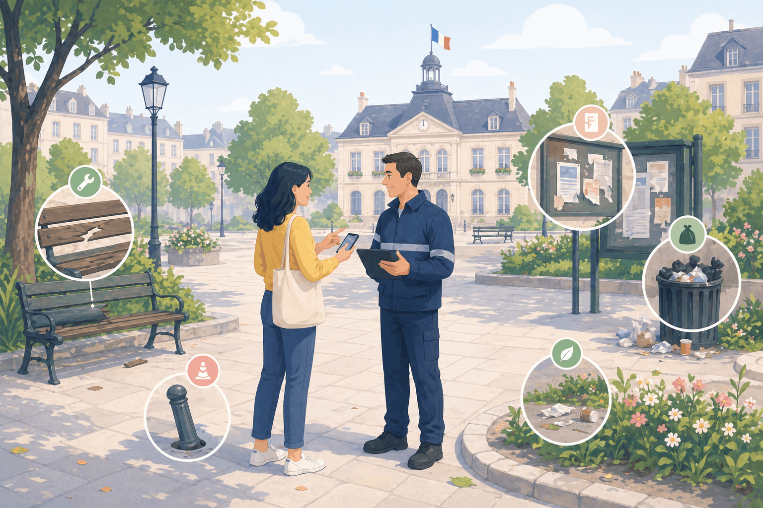 Citoyenne et agent municipal échangeant autour de petits sujets de l'espace public