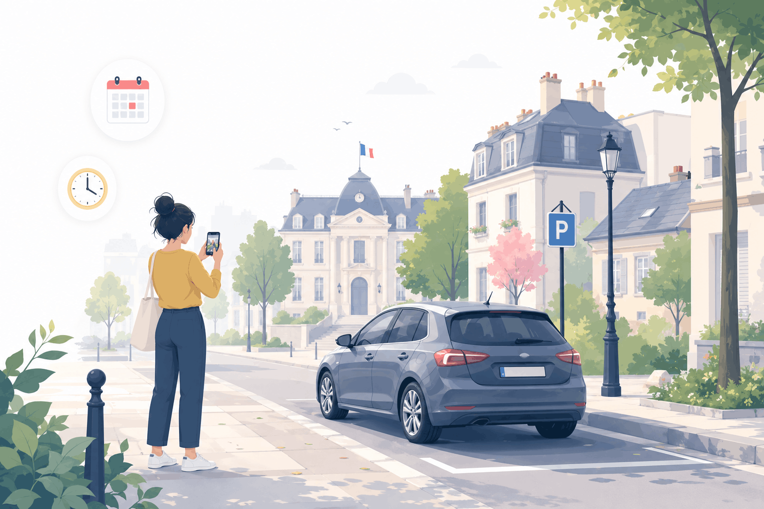 Citoyenne photographiant une voiture stationnée longtemps près d'une mairie