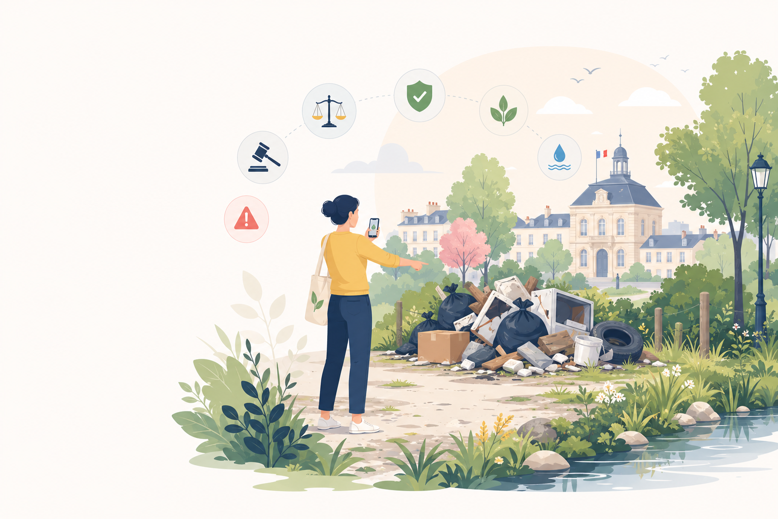 Citoyenne observant un dépôt sauvage avec des symboles de droit et d'environnement