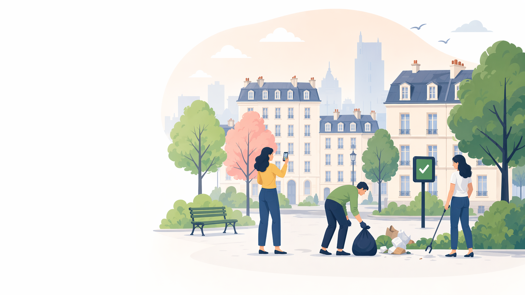 Citoyens qui signalent et ramassent un dépôt sauvage dans une rue arborée