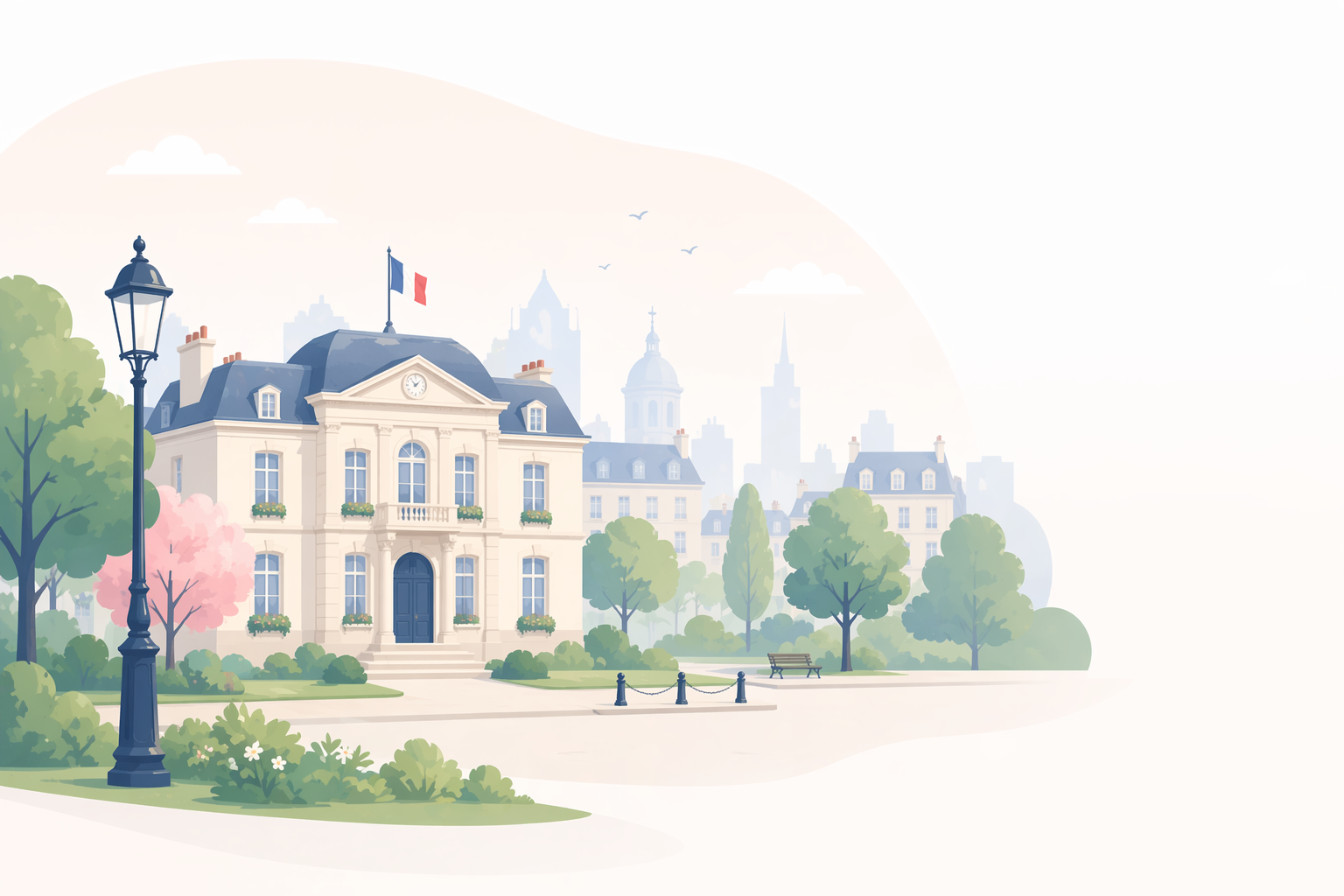 Mairie française entourée d'arbres dans une place publique apaisée