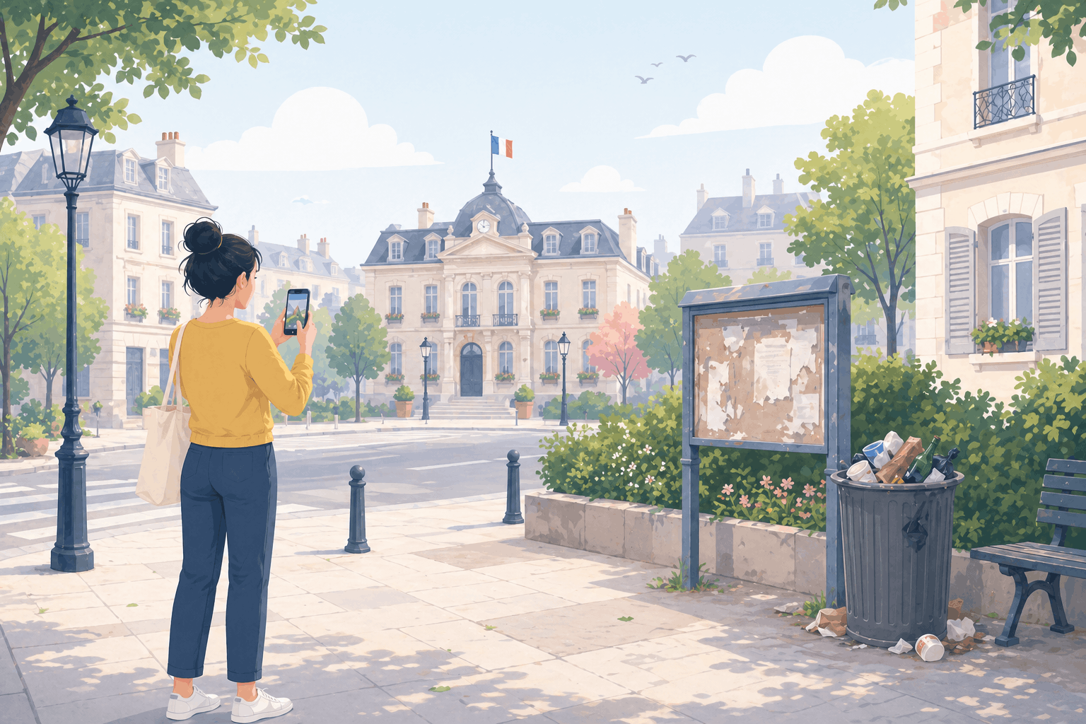 Citoyenne photographiant une situation locale à signaler près d'une mairie