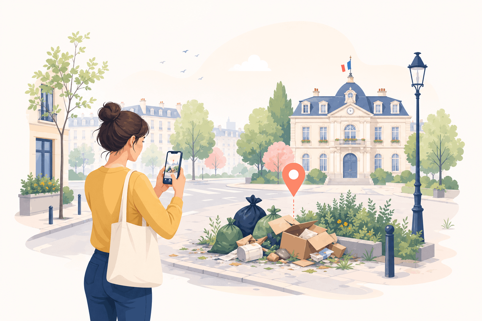 Citoyenne photographiant un dépôt sauvage près d'une mairie