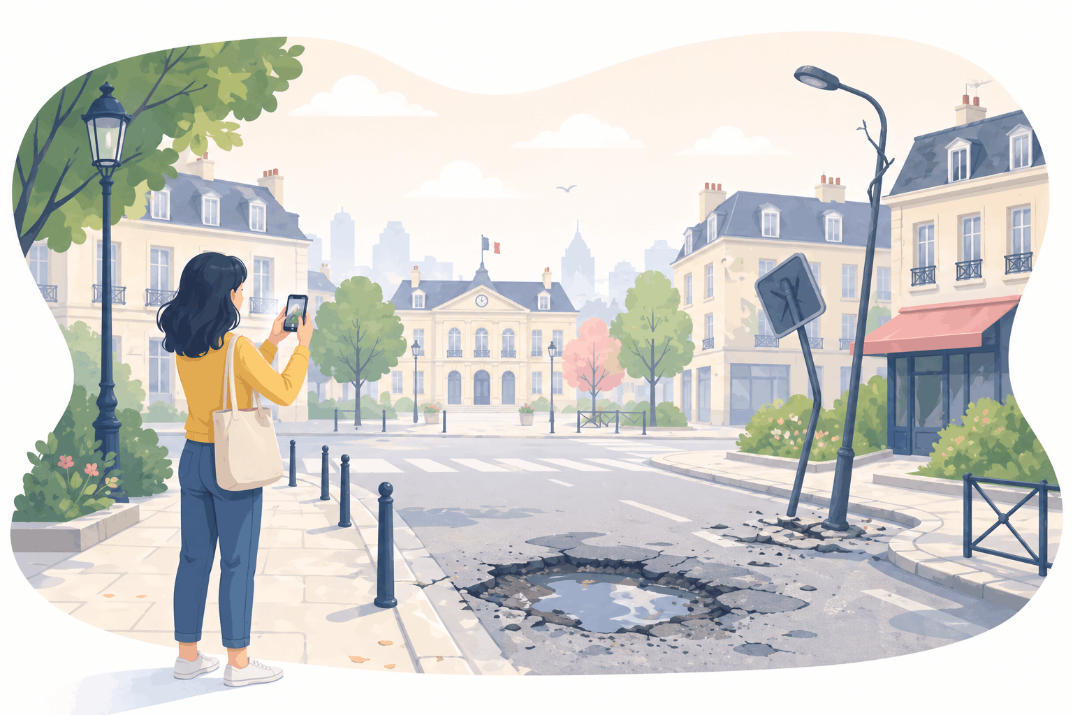 Citoyenne photographiant un problème de voirie dans une rue française