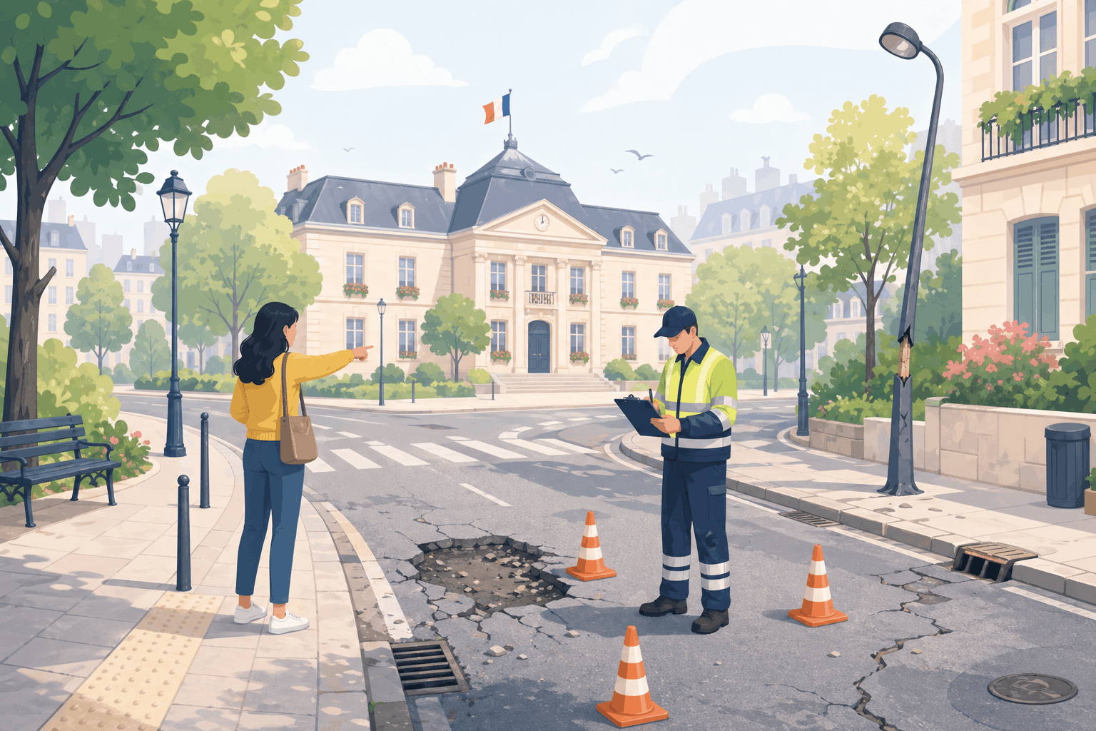Agent municipal inspectant un nid-de-poule et un lampadaire abîmé près d'une mairie