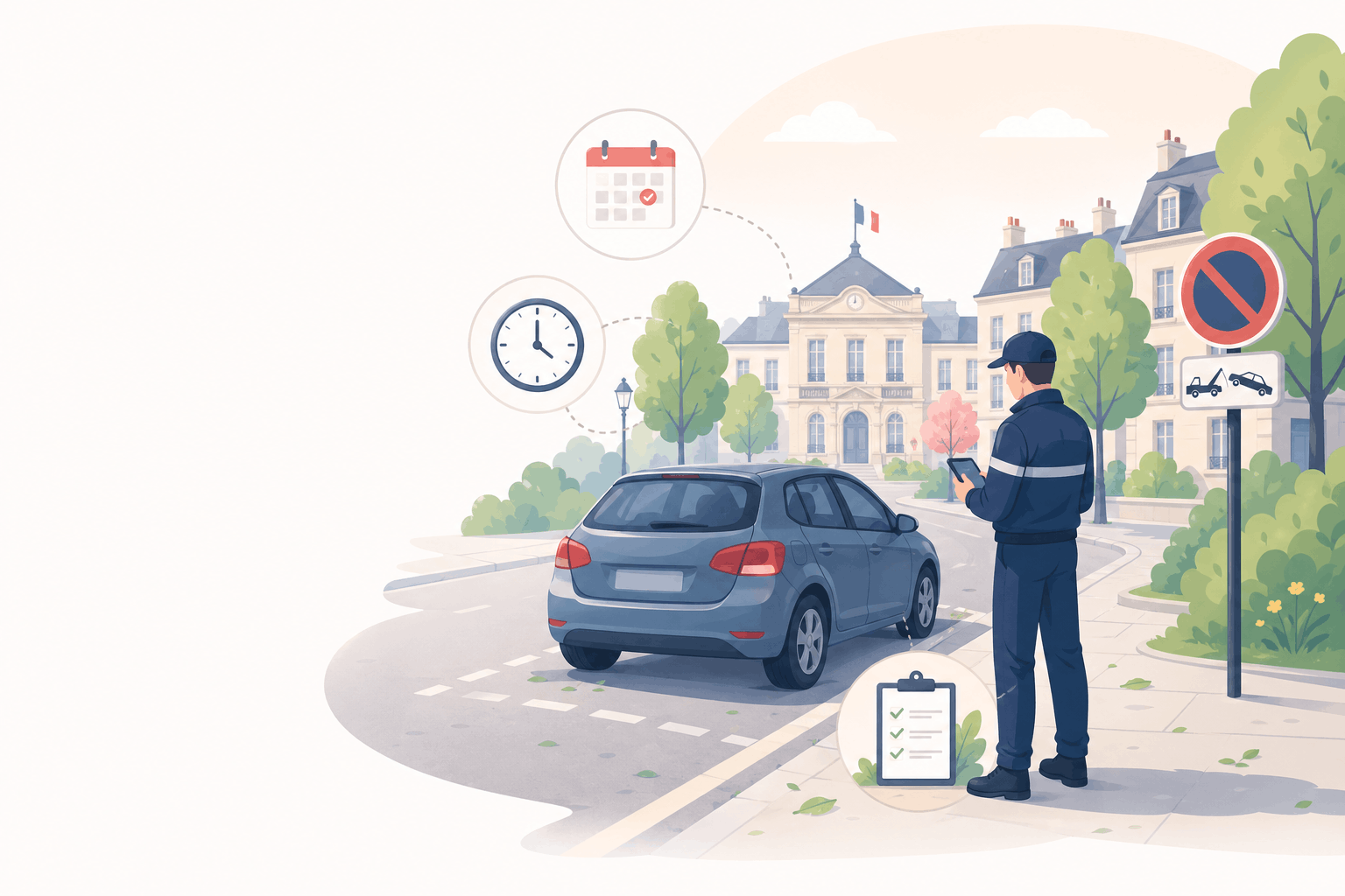 Agent municipal vérifiant une voiture en stationnement prolongé près d'une mairie